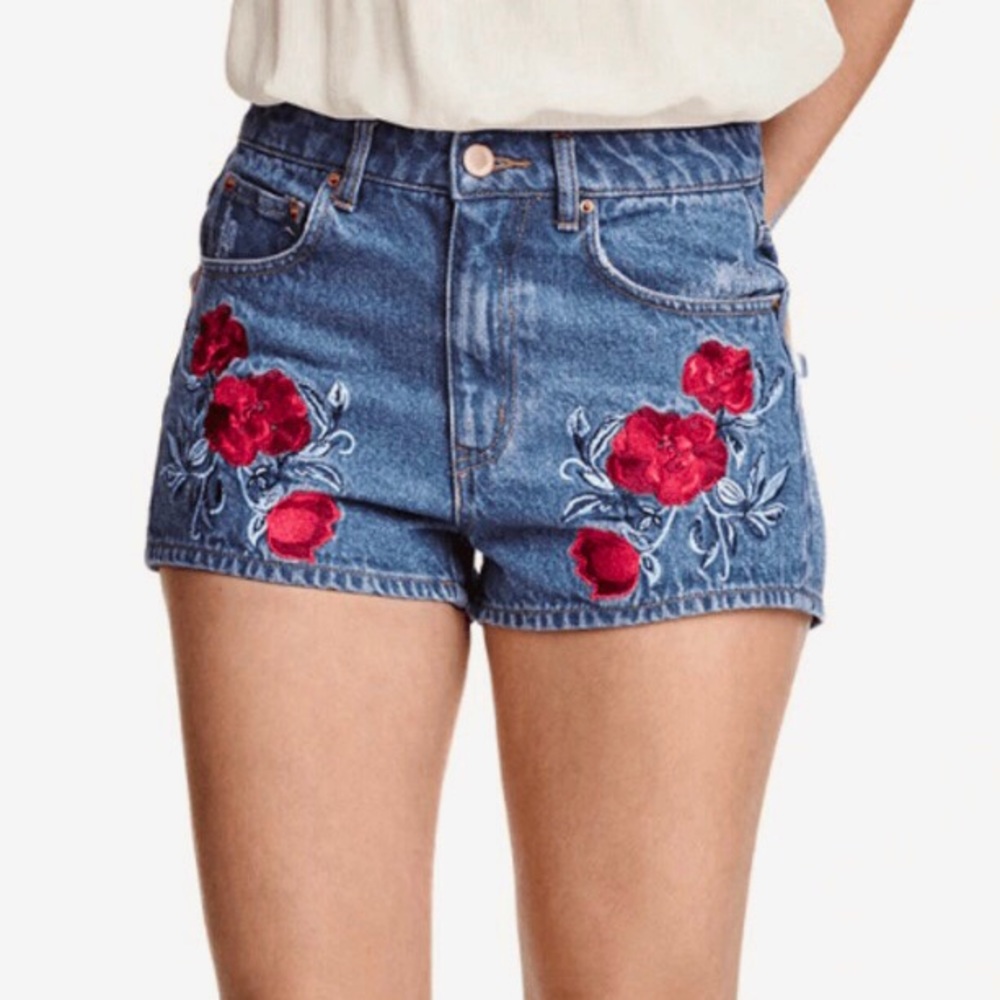 H&M Rose Embroidered Denim Shorts